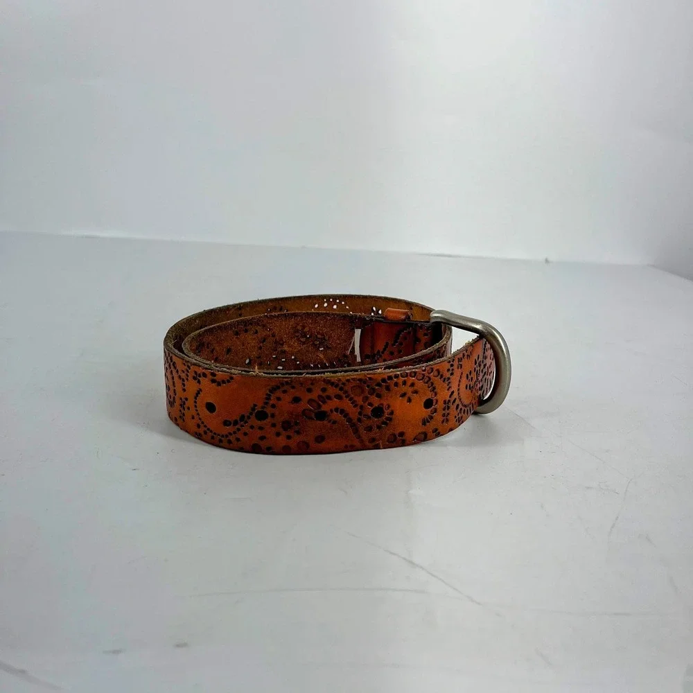 Fossil Leather Laser Cut Floral Filigree‎ Belt Silver Buckle Boho Western Size S